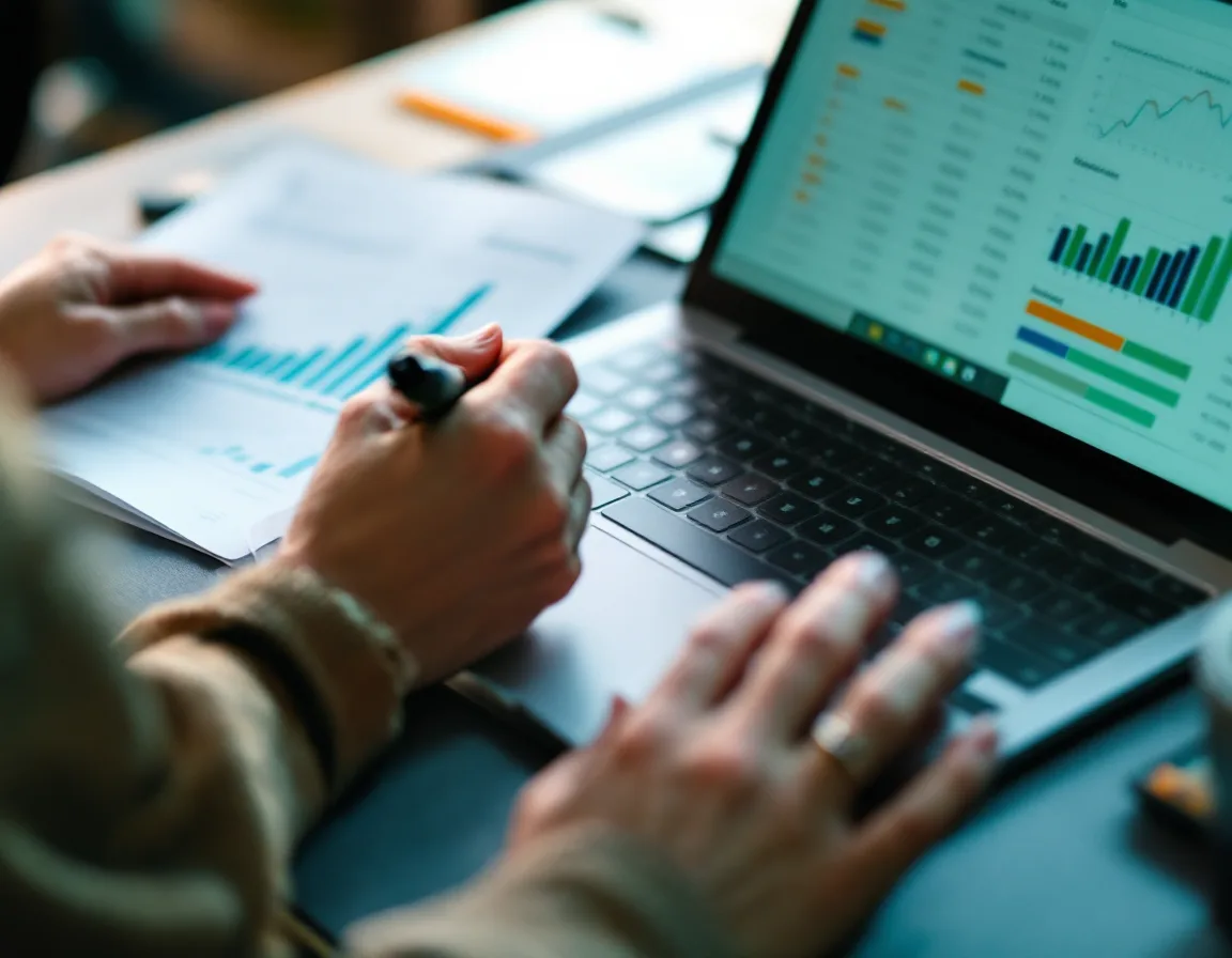 Hands tracing a printed spreadsheet next to a laptop dashboard