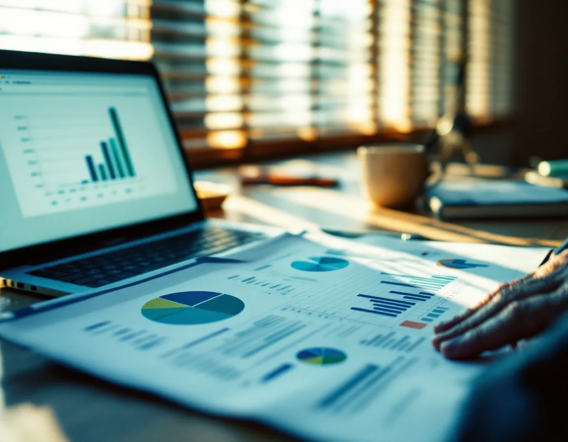A hand tracing a figure across a printed operations report next to a laptop dashboard